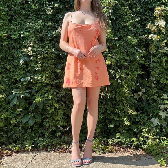 Orange and pink floral mini slip dress with lace up side and low back - Picture 1 of 8